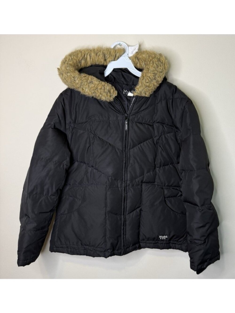 Vintage Y2K MUDD Coat Faux Fur Hood Down Fill Puffer Black